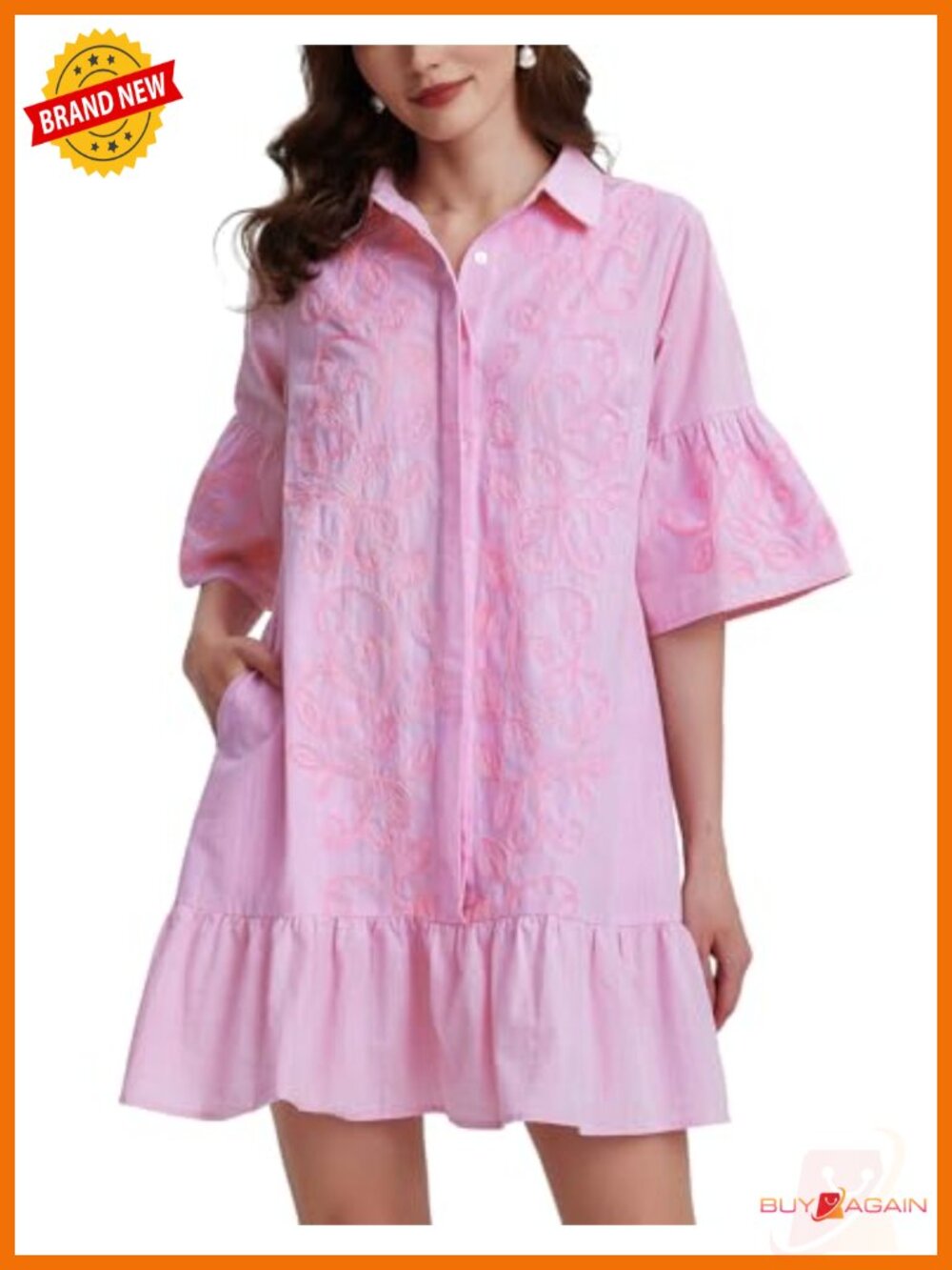 Floral Embroidered Cotton Linen Mini Dress Button Down Shirt Tunic
